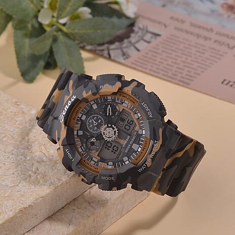 GENOA TIME V2 Double Electronic Movement 3ATM Water Resistant Camouflage Khaki Multifunctional LED Dial Watch with TPU Strap