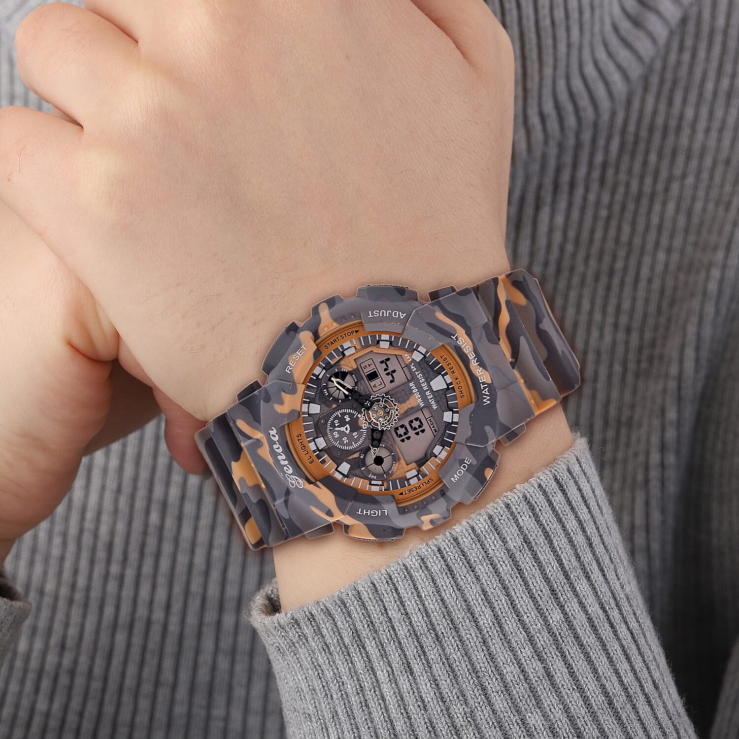 GENOA TIME V2 Double Electronic Movement 3ATM Water Resistant Camouflage Khaki Multifunctional LED Dial Watch with TPU Strap