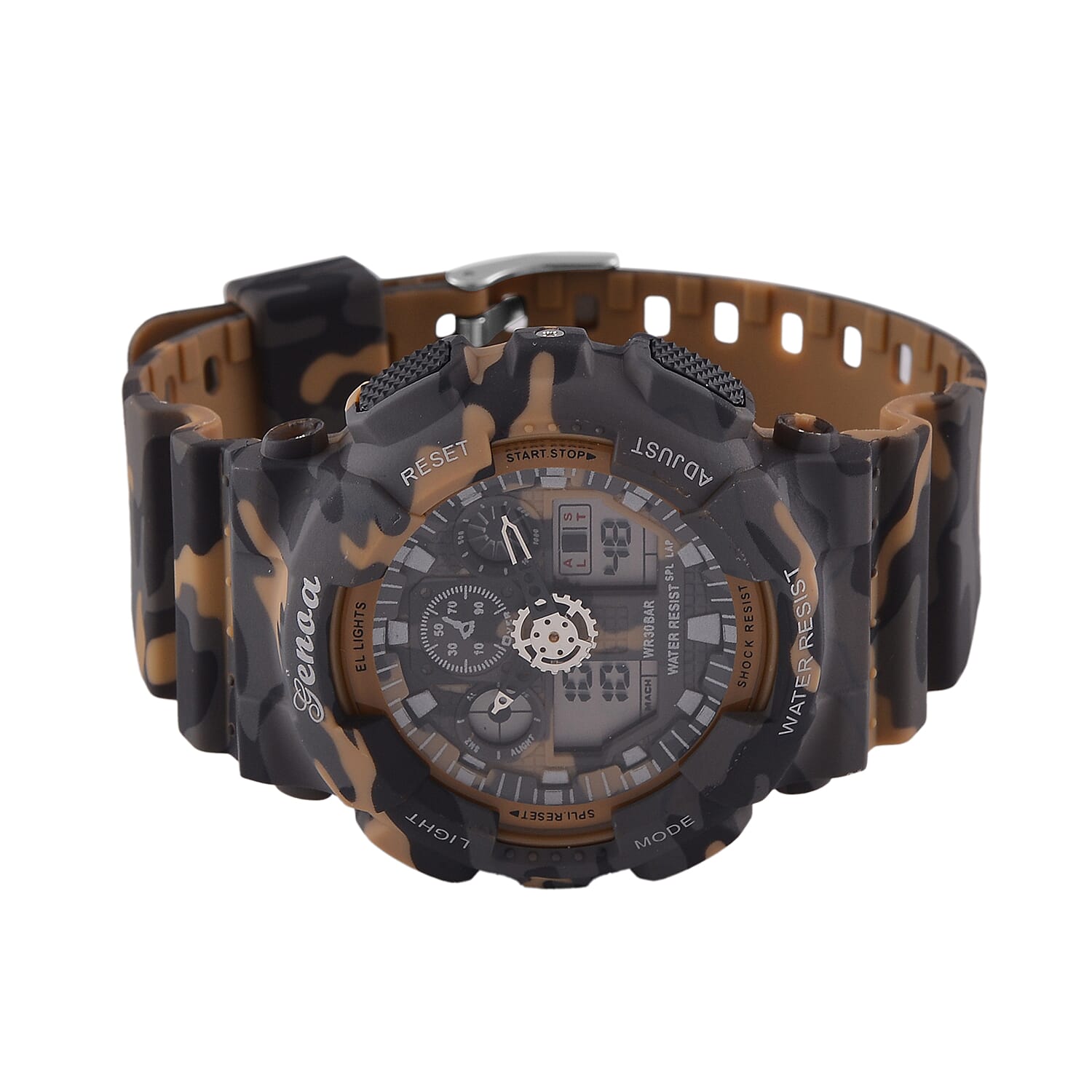 GENOA TIME V2 Double Electronic Movement 3ATM Water Resistant Camouflage Khaki Multifunctional LED Dial Watch with TPU Strap