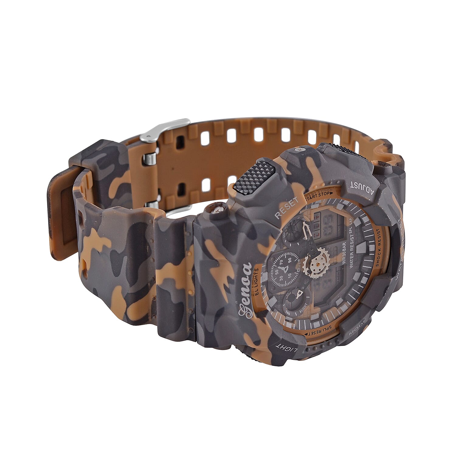 GENOA TIME V2 Double Electronic Movement 3ATM Water Resistant Camouflage Khaki Multifunctional LED Dial Watch with TPU Strap
