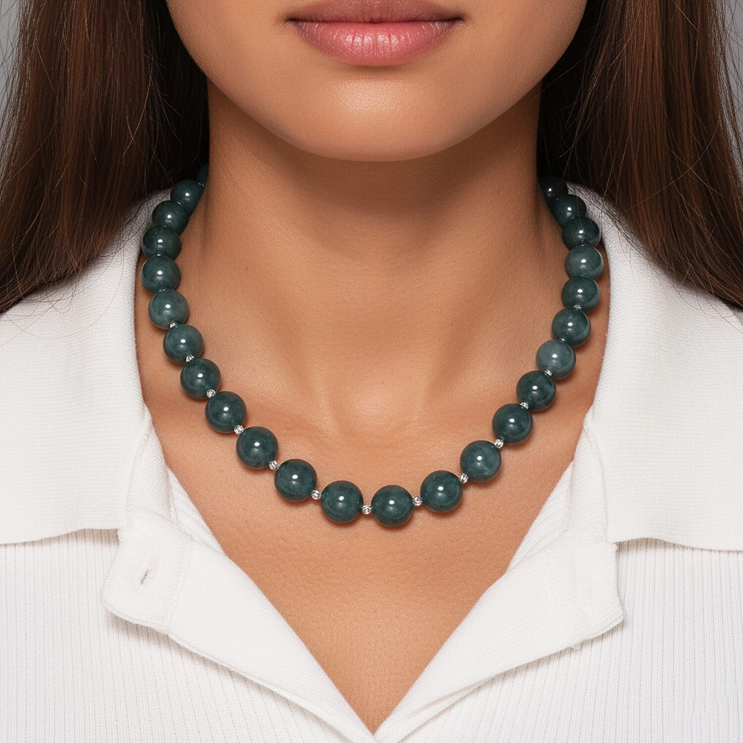 Guatemala Natural Type A Olmec Jadeite Jade Necklace with Magnetic Clasp (Size 20) in Rhodium Overlay Sterling Silver 545 Ct.