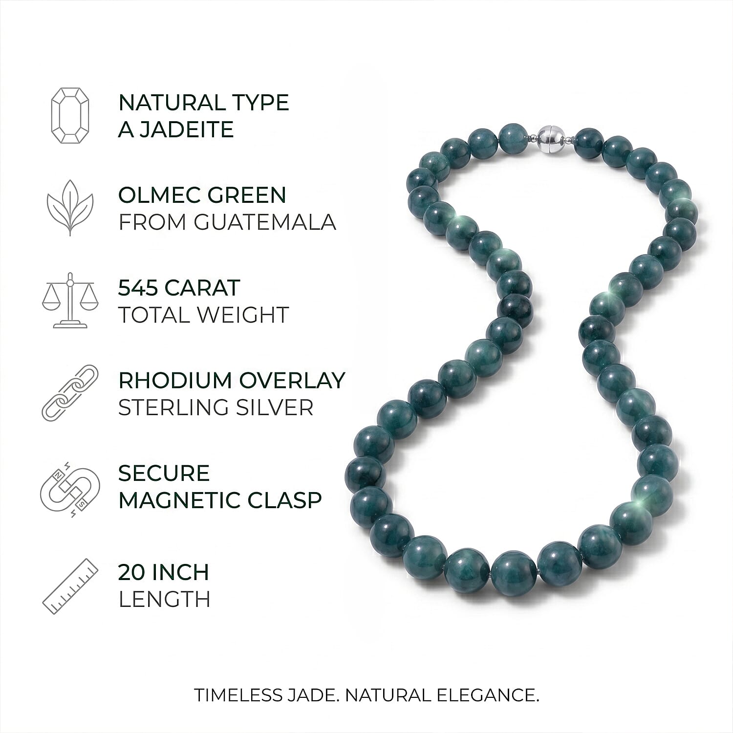 Guatemala Natural Type A Olmec Jadeite Jade Necklace with Magnetic Clasp (Size 20) in Rhodium Overlay Sterling Silver 545 Ct.