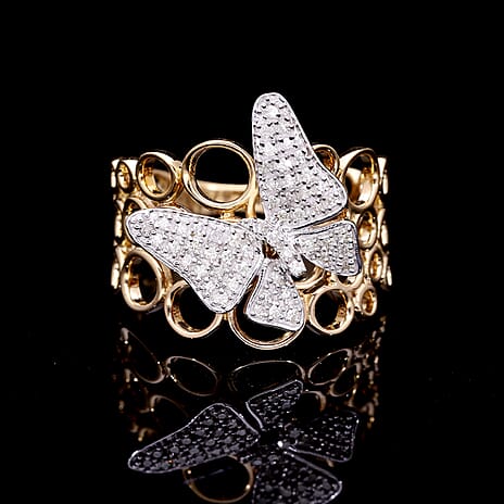 Designer Inspired - Natural Diamond Butterfly Ring in Gold Overlay Sterling Silver