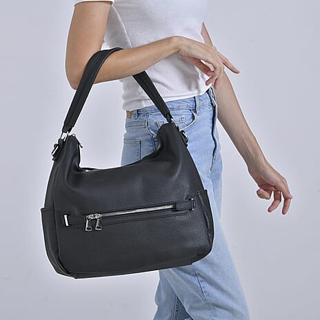 Leatherette Hobo Style Crossbody Bag - Black