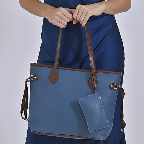 Leatherette Tote Bag with Pouch - Teal