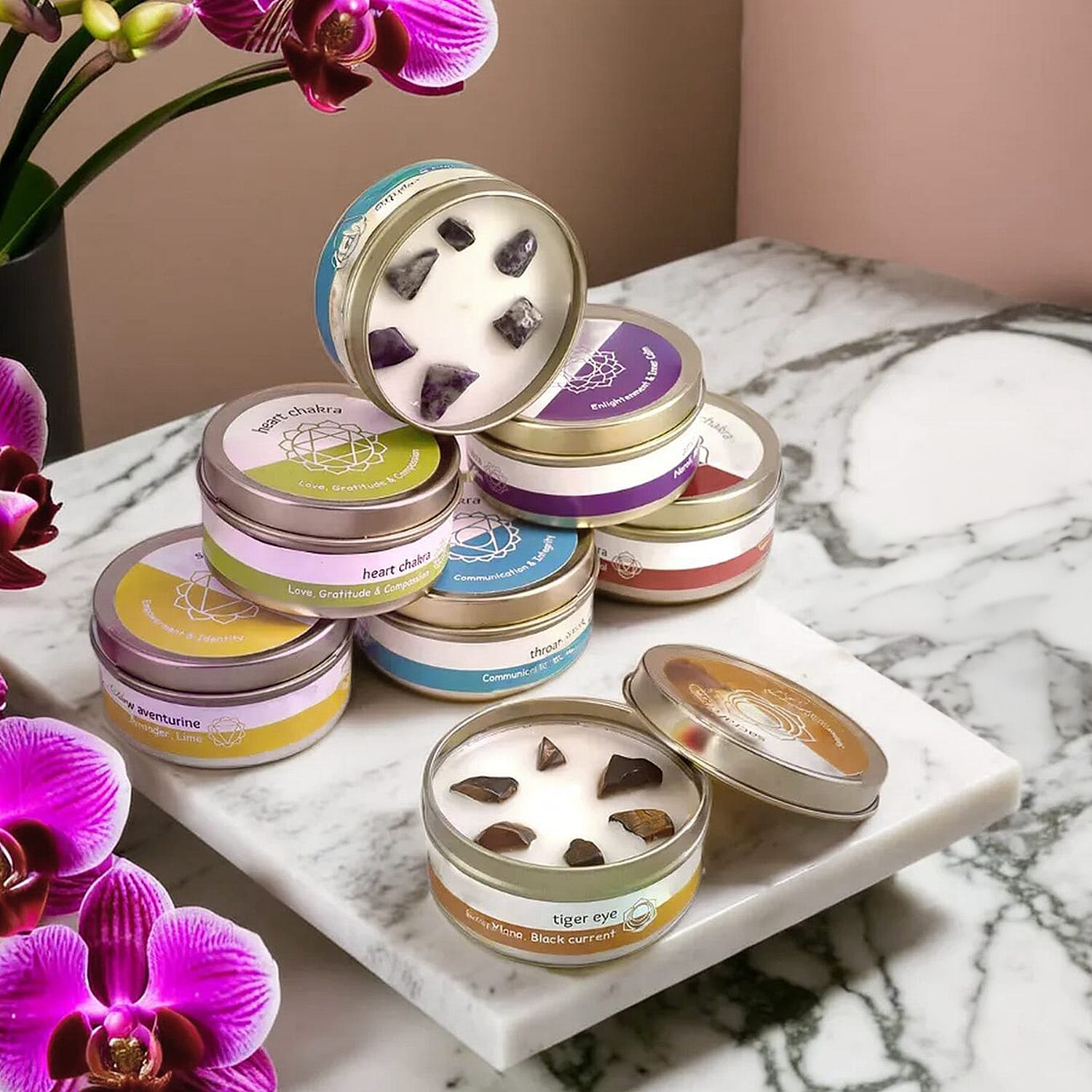 Set of 7 Scented Seven Chakra Gemstone Candle Fragrance Vanilla, Jasmine, Rose - Lemongrass - 45gm each