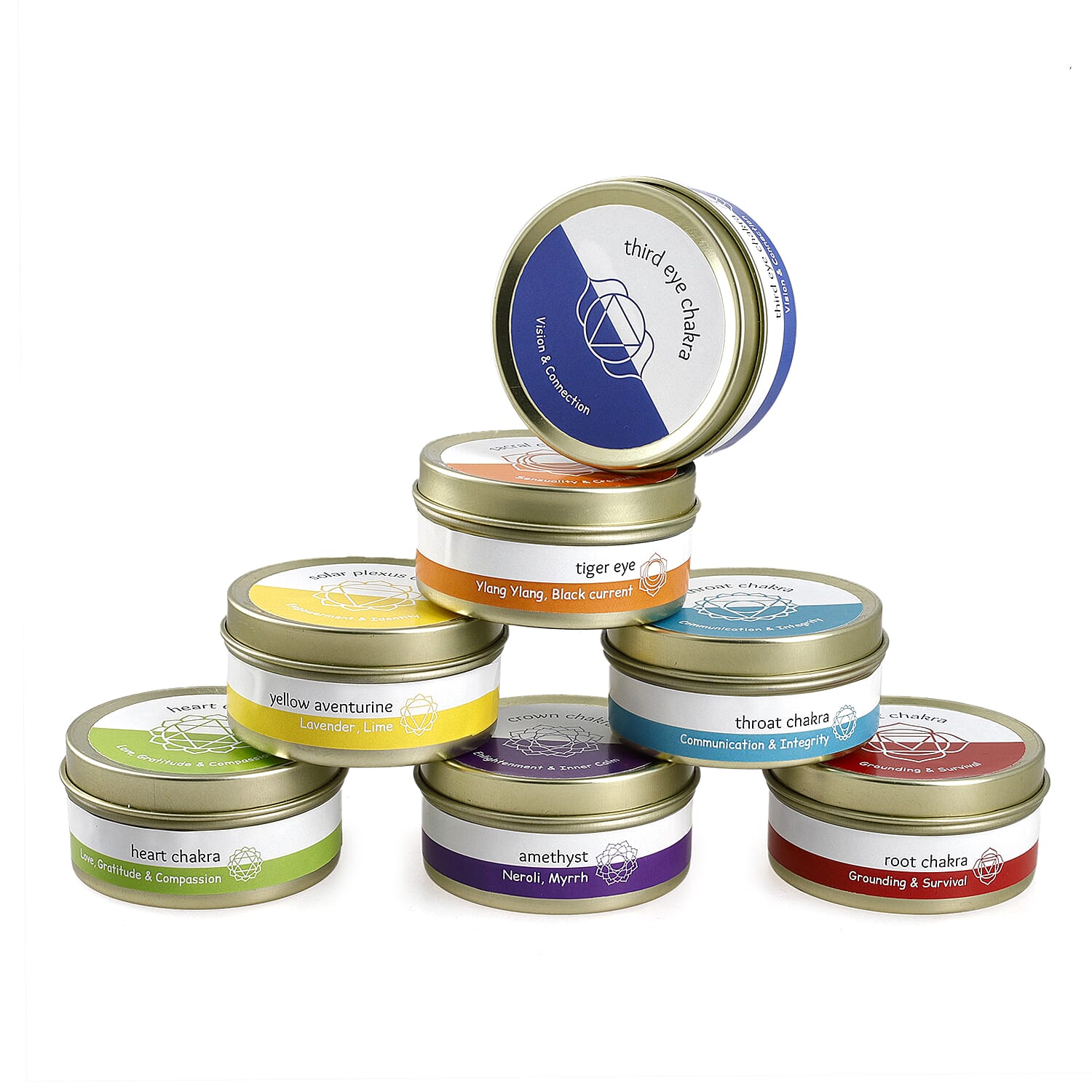 Set of 7 Scented Seven Chakra Gemstone Candle Fragrance Vanilla, Jasmine, Rose - Lemongrass - 45gm each