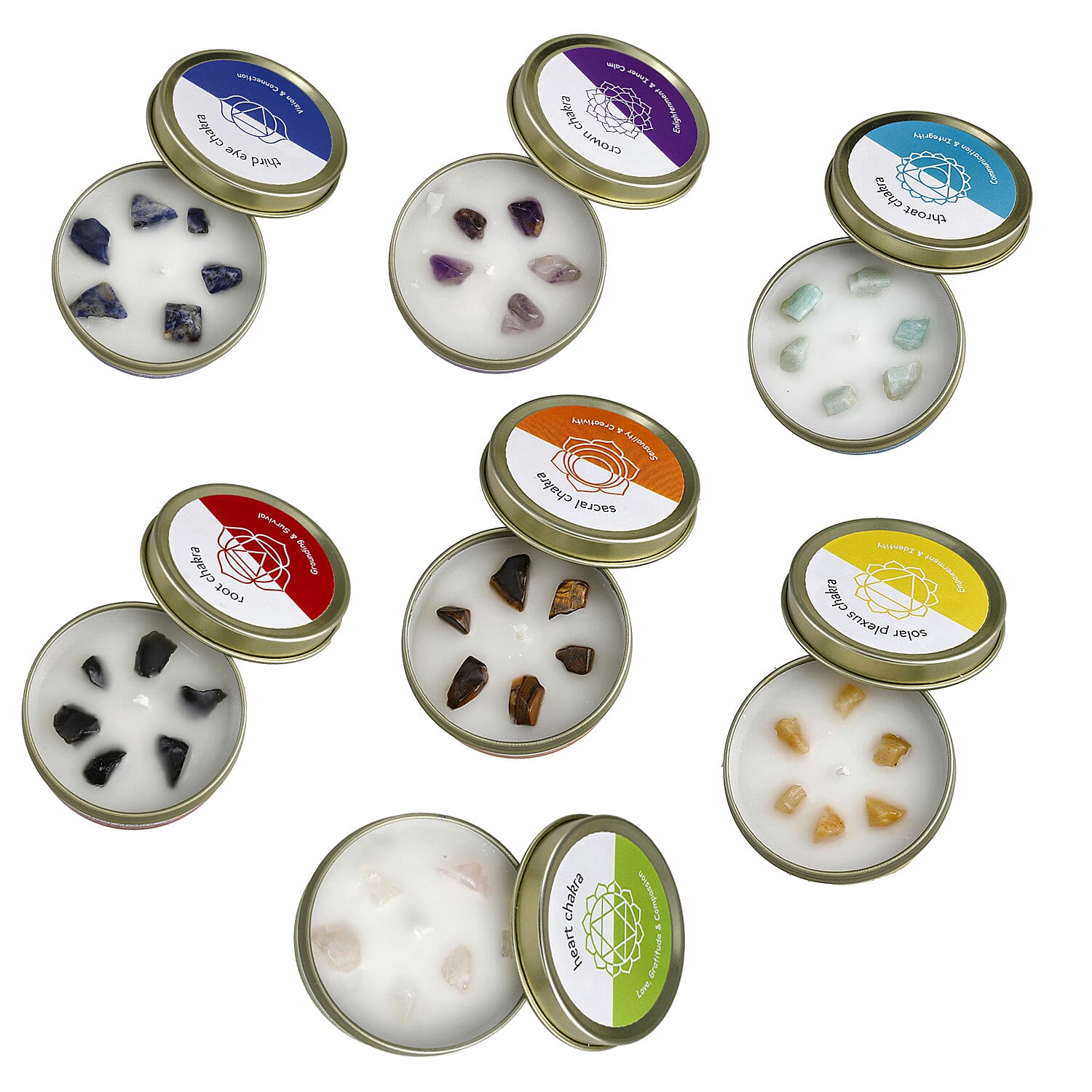 Set of 7 Scented Seven Chakra Gemstone Candle Fragrance Vanilla, Jasmine, Rose - Lemongrass - 45gm each