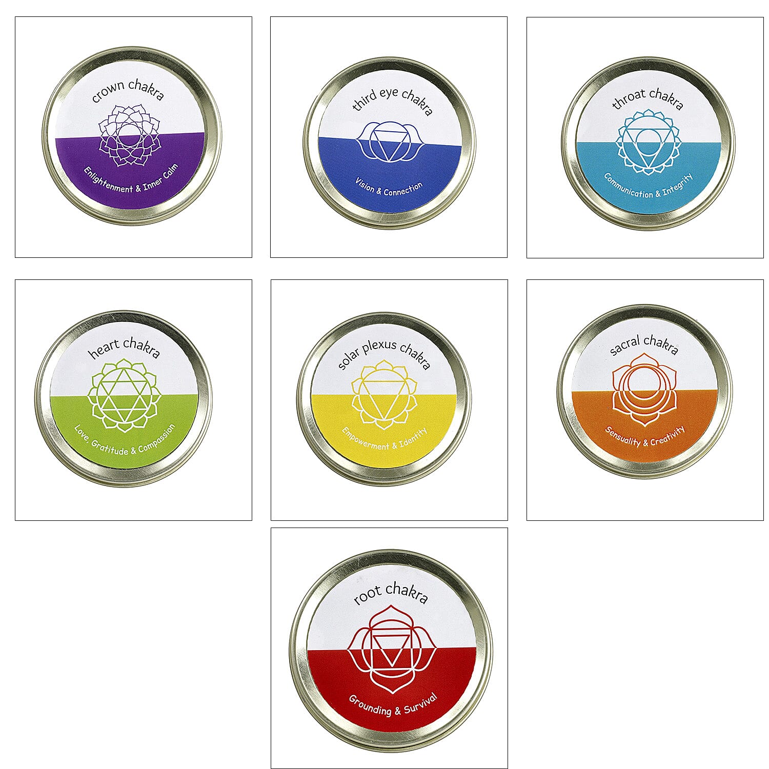 Set of 7 Scented Seven Chakra Gemstone Candle Fragrance Vanilla, Jasmine, Rose - Lemongrass - 45gm each