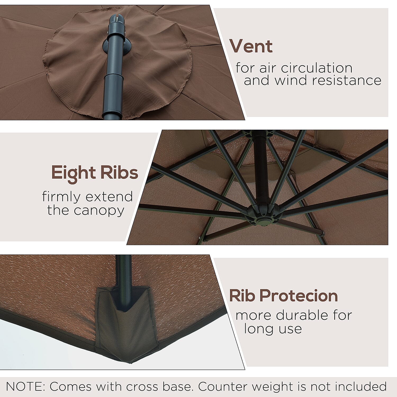 Outdoors Parasol Open and Close with Crank  (Size 330x292x262 cm) - Brown