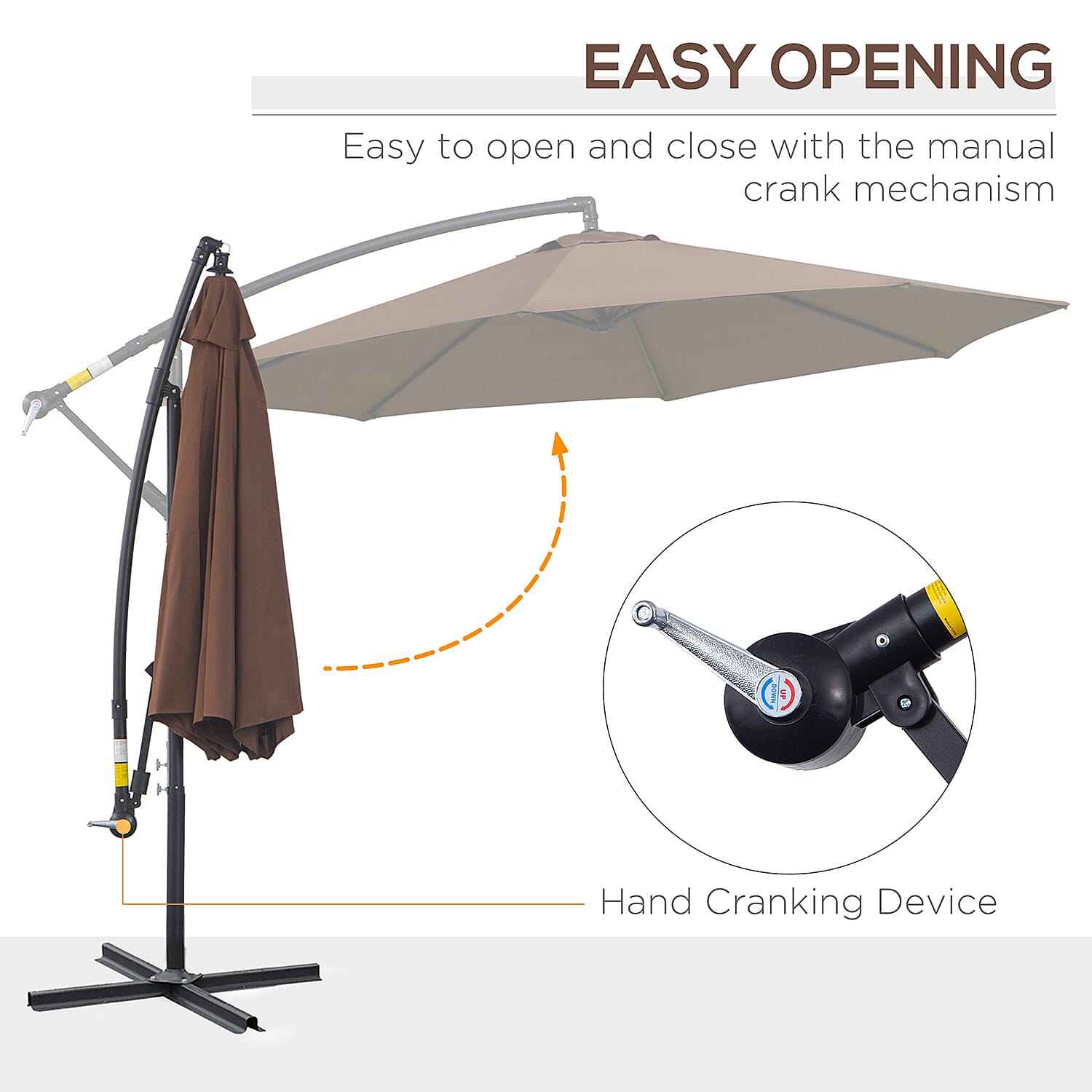 Outdoors Parasol Open and Close with Crank  (Size 330x292x262 cm) - Brown