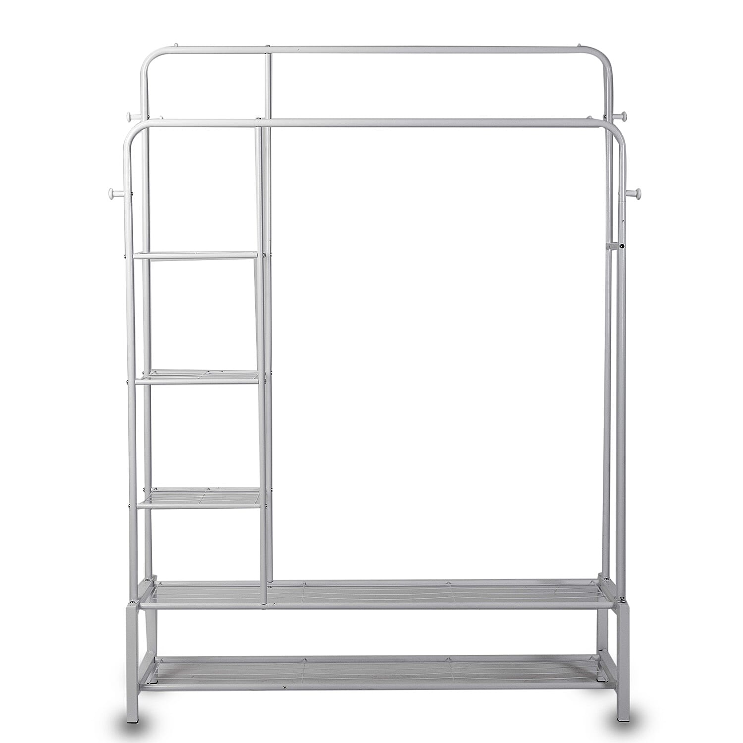 JOISCOPE Metal Clothes Rail for Bedroom with 2 Hanging Rails, 4 Clothes Hooks, 3 Side Shelves and 2 Bottom Shelves - White