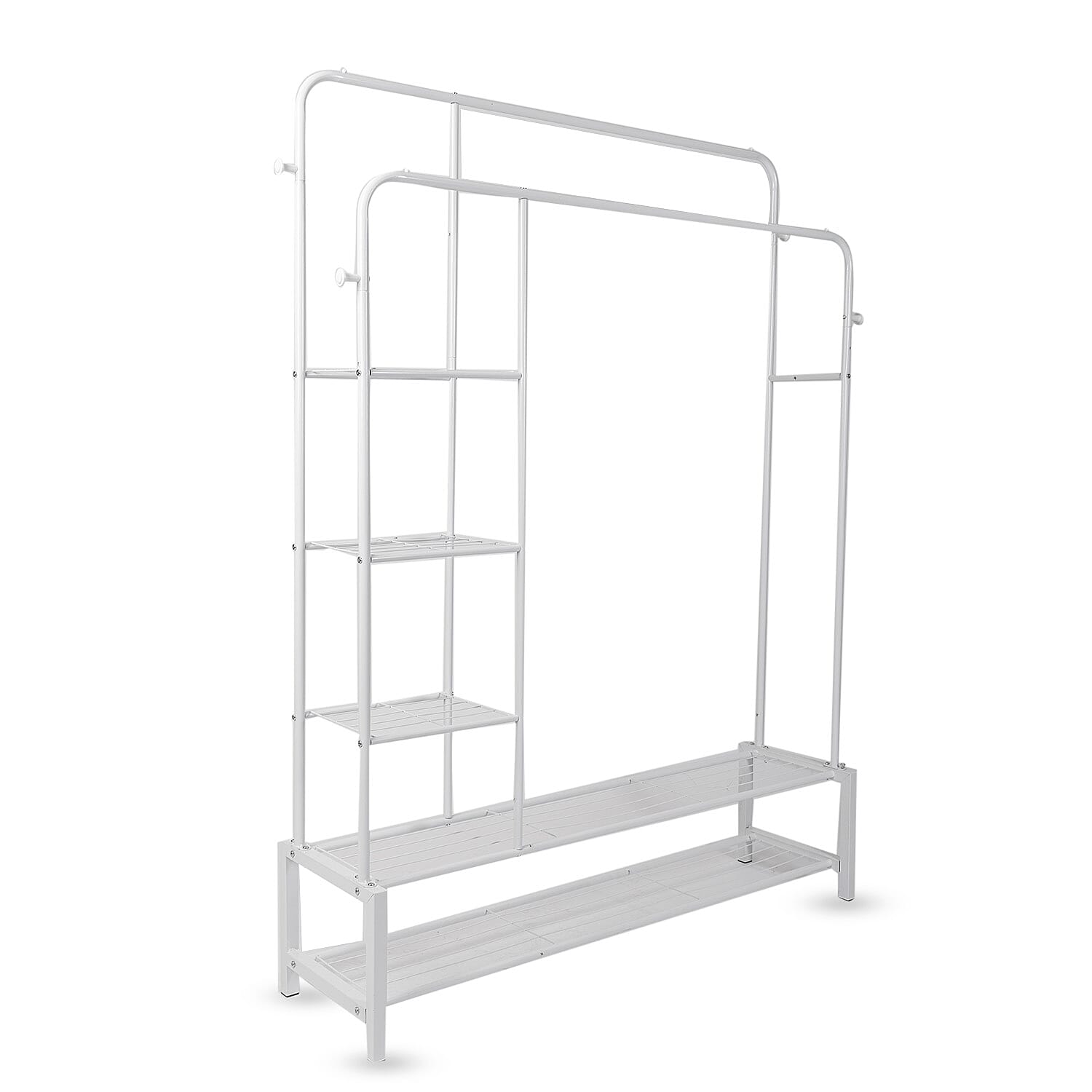 JOISCOPE Metal Clothes Rail for Bedroom with 2 Hanging Rails, 4 Clothes Hooks, 3 Side Shelves and 2 Bottom Shelves - White