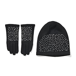 Premium Cashmere Wool Crystal Embellished Hat and Gloves - Black