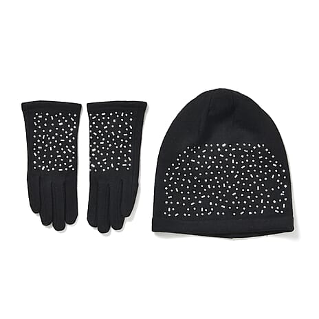 Premium Cashmere Wool Crystal Embellished Hat and Gloves - Black