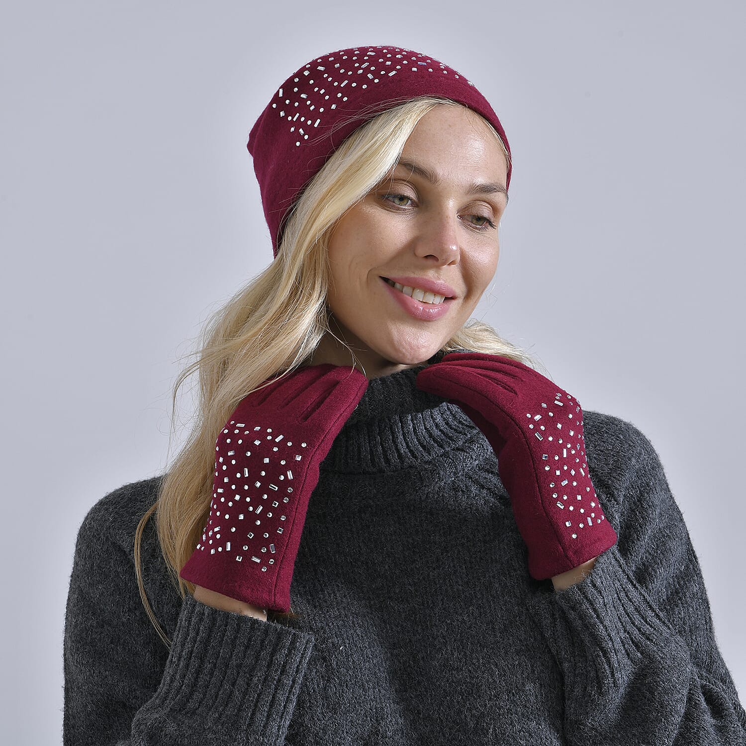 Premium Cashmere Wool Crystal Embellished Hat and Gloves - Burgundy