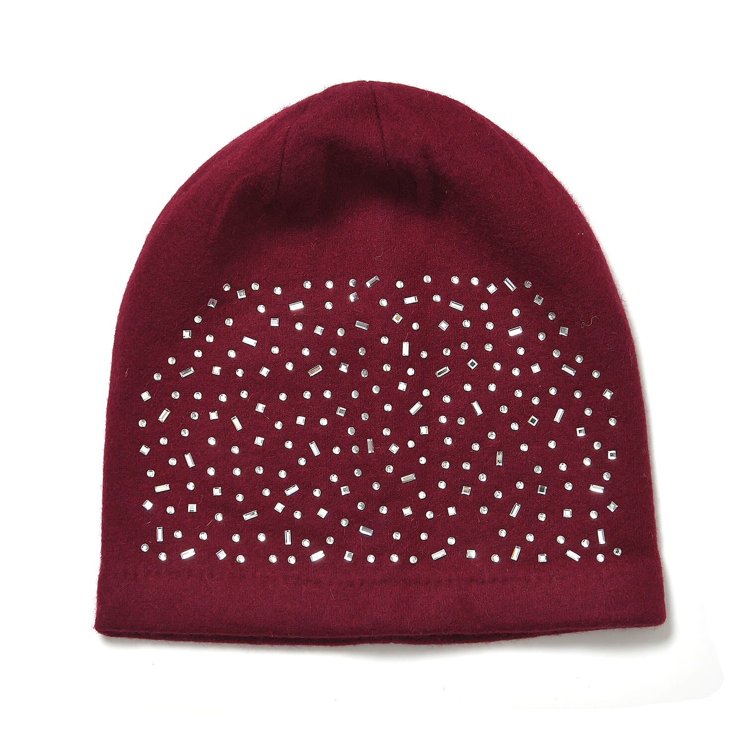 Premium Cashmere Wool Crystal Embellished Hat and Gloves - Burgundy