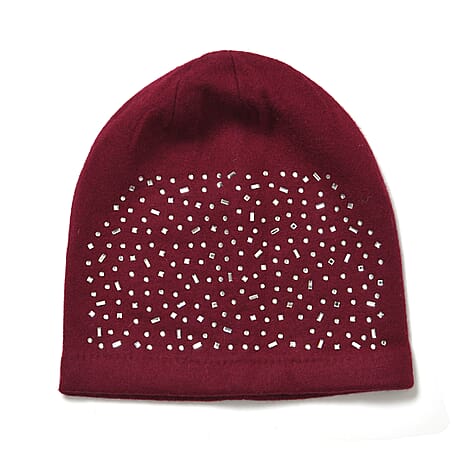 Premium Cashmere Wool Crystal Embellished Hat and Gloves - Burgundy