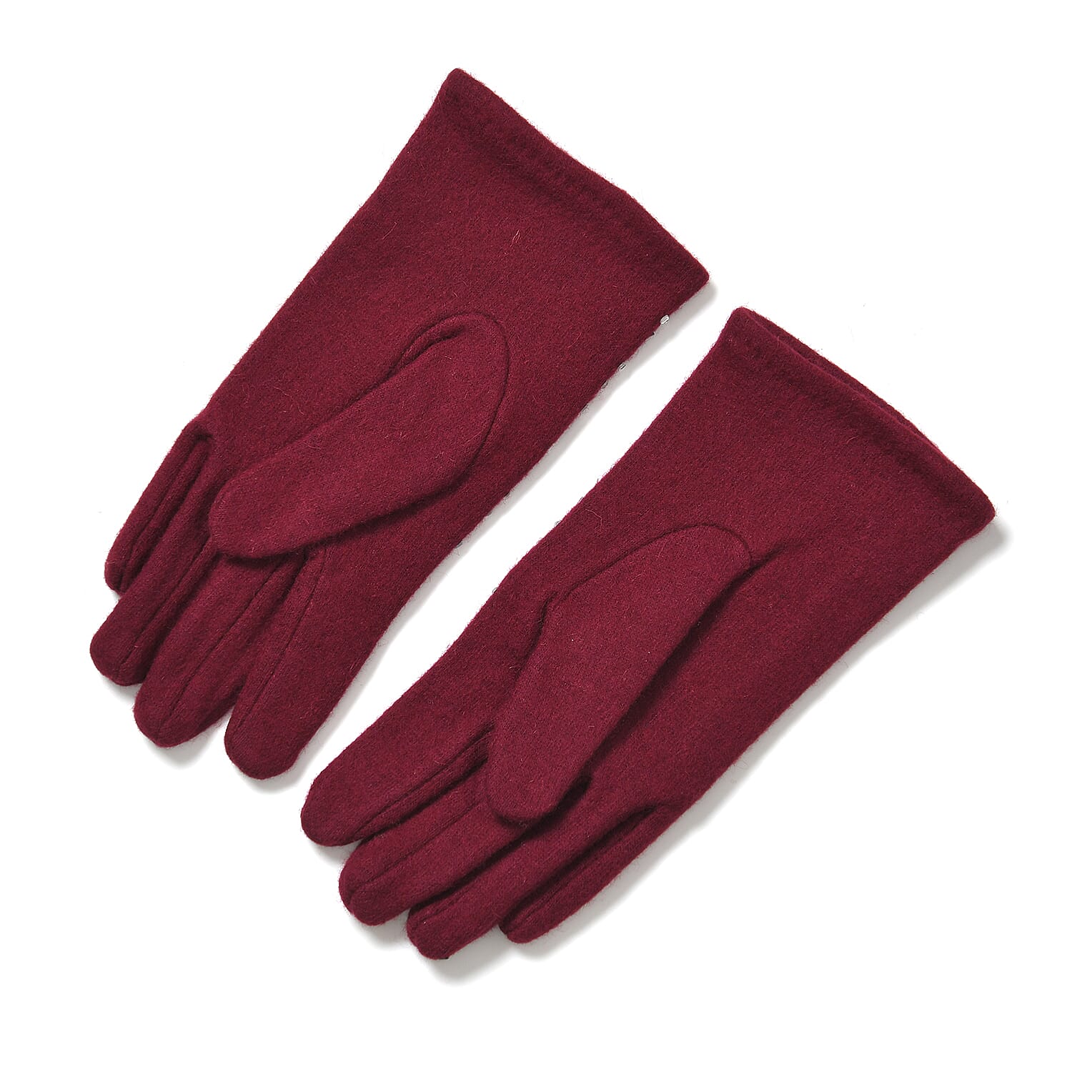 Premium Cashmere Wool Crystal Embellished Hat and Gloves - Burgundy