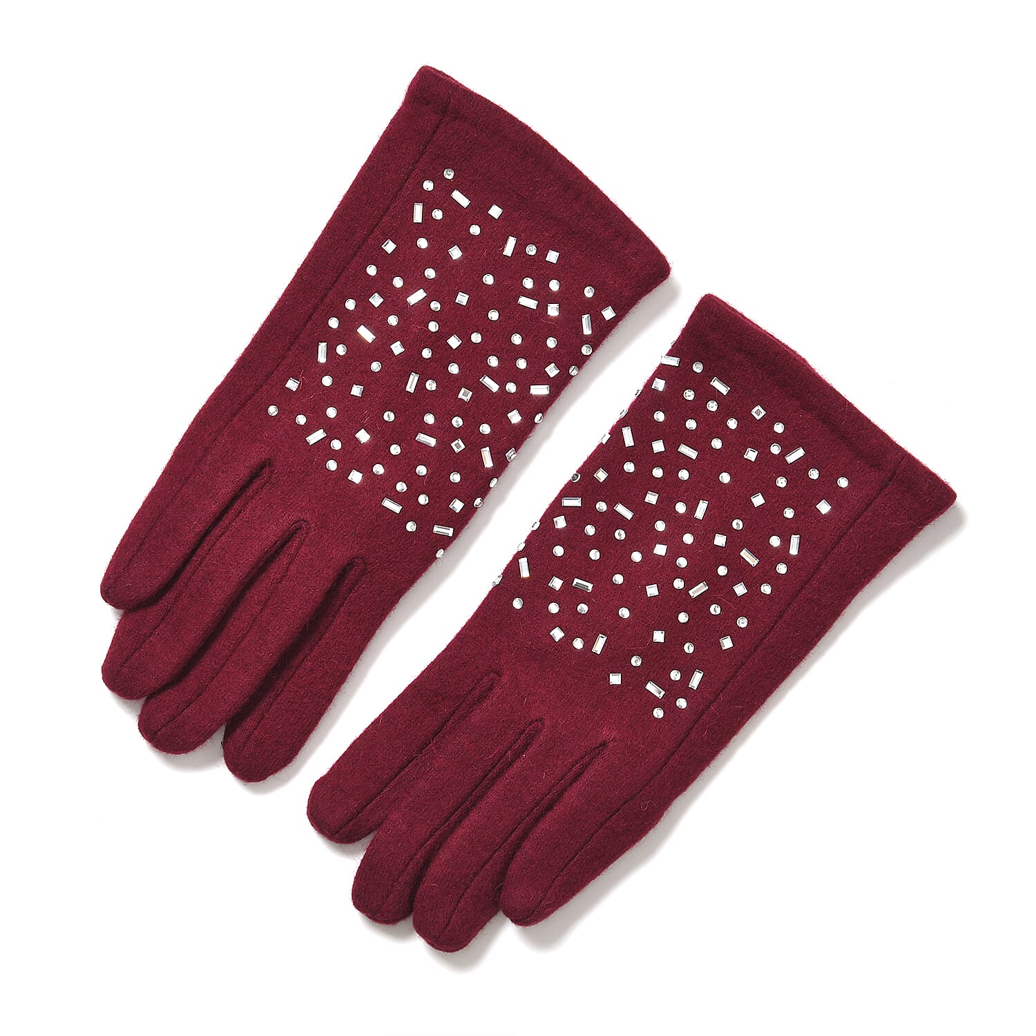 Premium Cashmere Wool Crystal Embellished Hat and Gloves - Burgundy