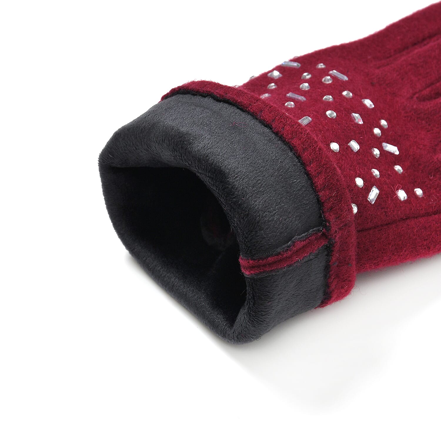 Premium Cashmere Wool Crystal Embellished Hat and Gloves - Burgundy