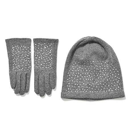 Premium Cashmere Wool Crystal Embellished Hat and Gloves - Grey