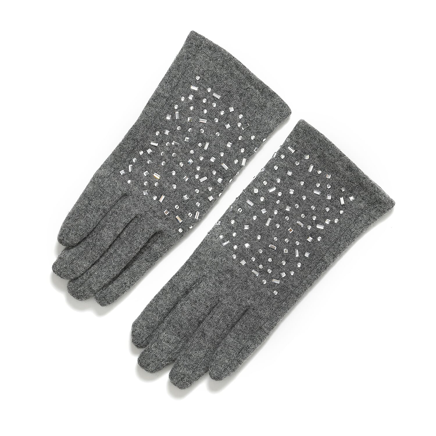 Premium Cashmere Wool Crystal Embellished Hat and Gloves - Grey