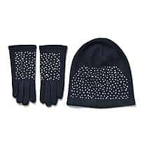 Premium Cashmere Wool Crystal Embellished Hat and Gloves - Blue