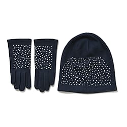Premium Cashmere Wool Crystal Embellished Hat and Gloves - Black