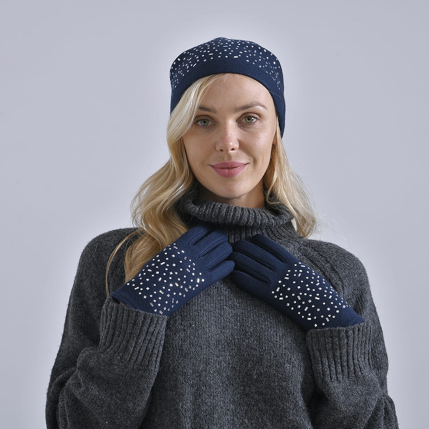 Premium Cashmere Wool Crystal Embellished Hat and Gloves - Blue