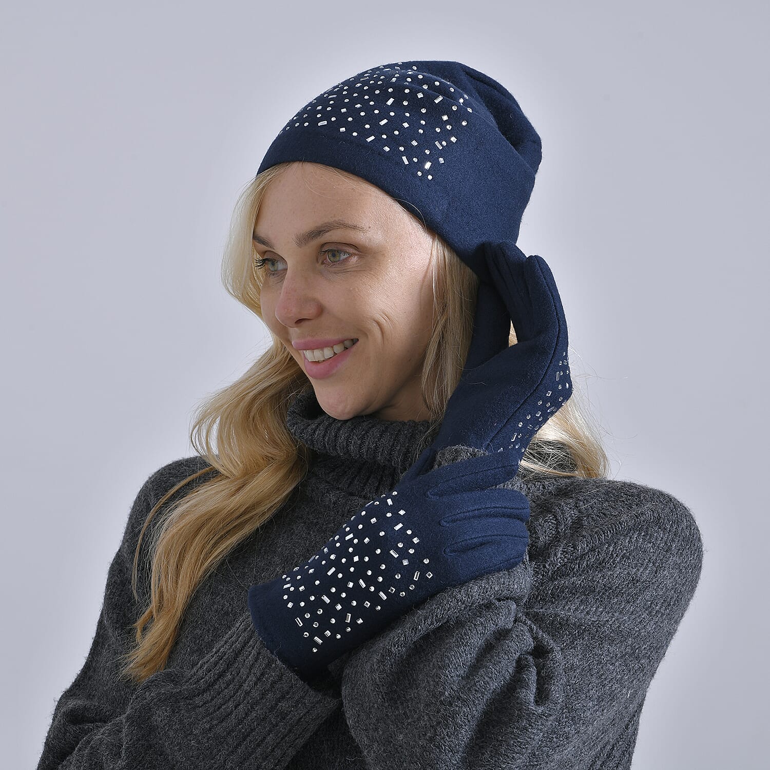 Premium Cashmere Wool Crystal Embellished Hat and Gloves - Blue