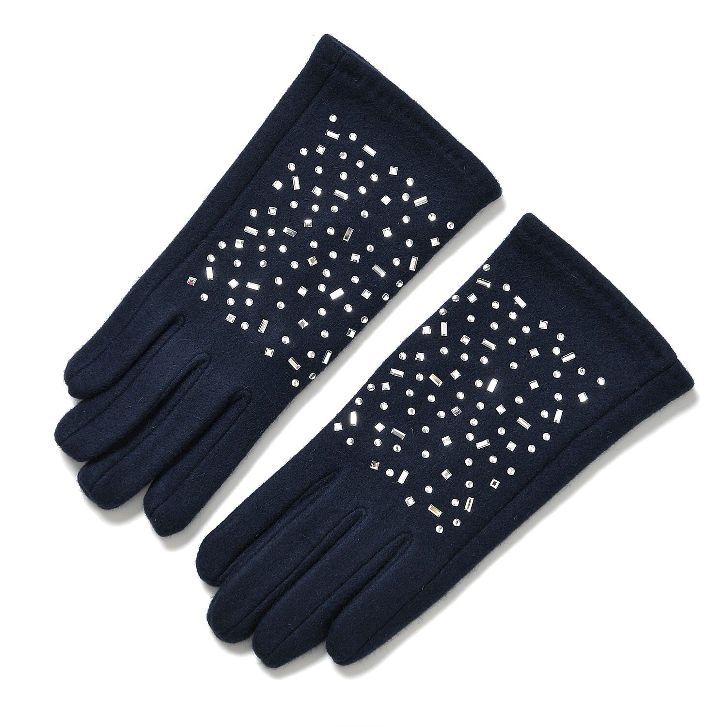 Premium Cashmere Wool Crystal Embellished Hat and Gloves - Blue