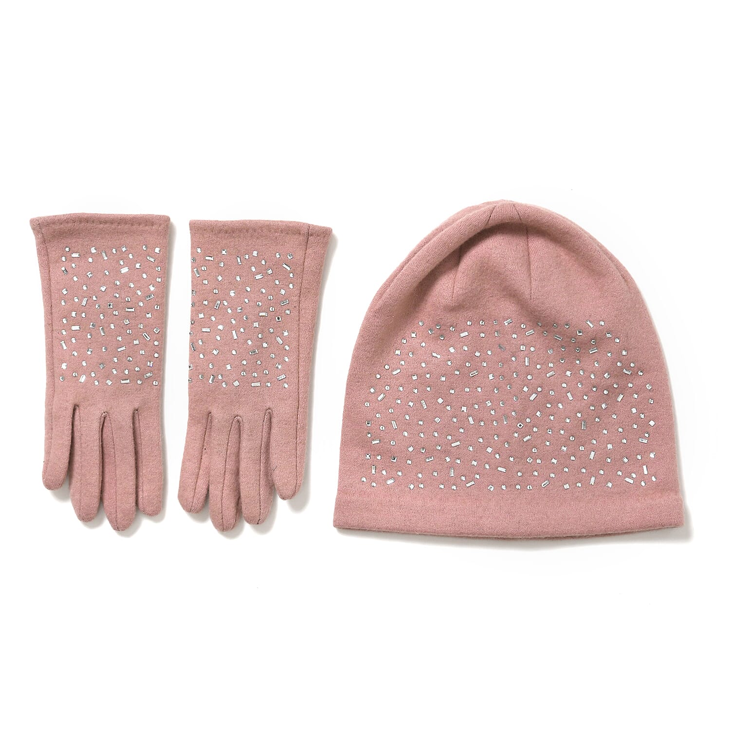Set of 2 Crystal Pattern Cashmere Hat Gloves Pink