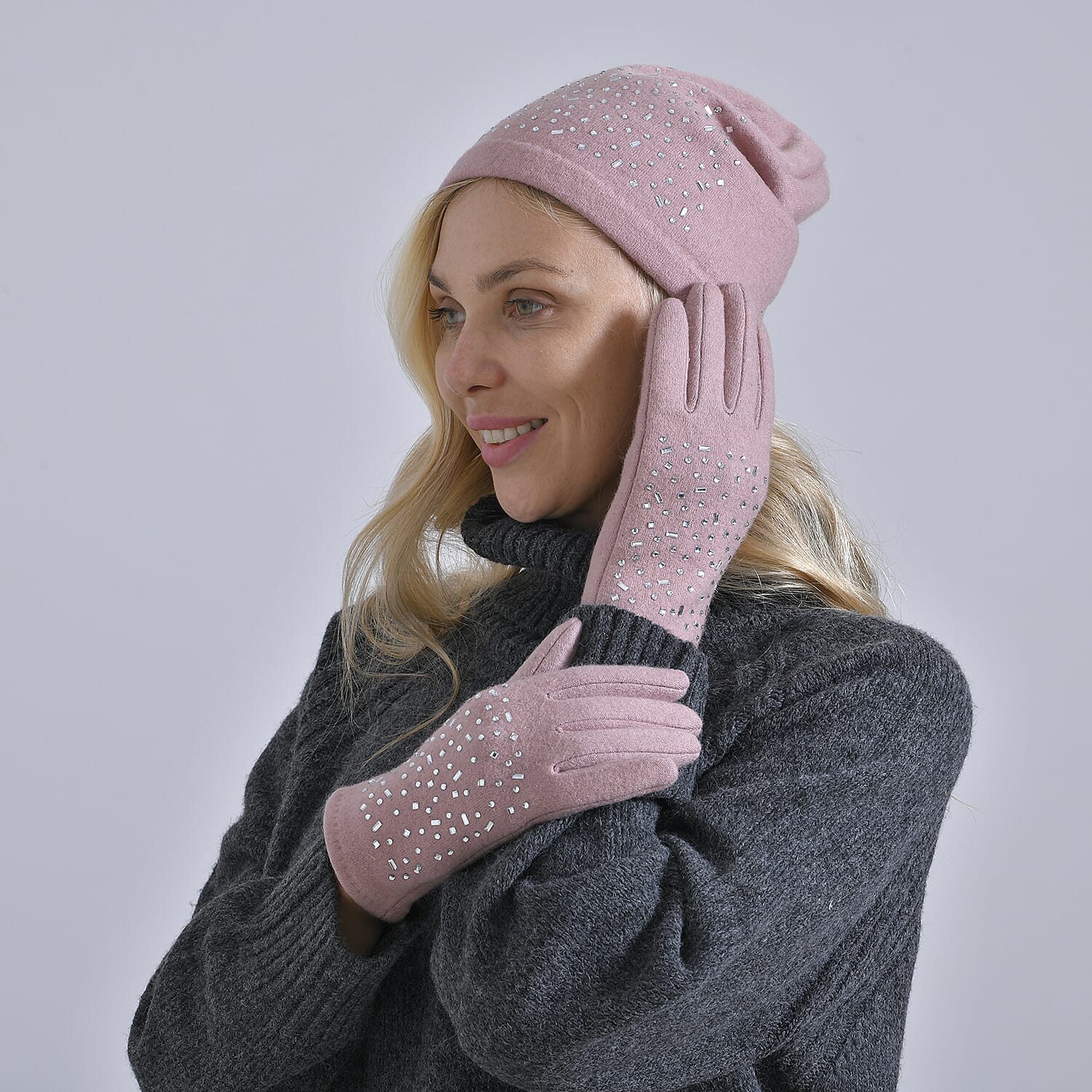 Cashmere Wool Gloves & Hat - Pink