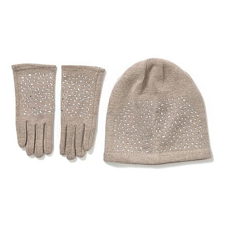 Premium Cashmere Wool Crystal Embellished Hat and Gloves - Beige