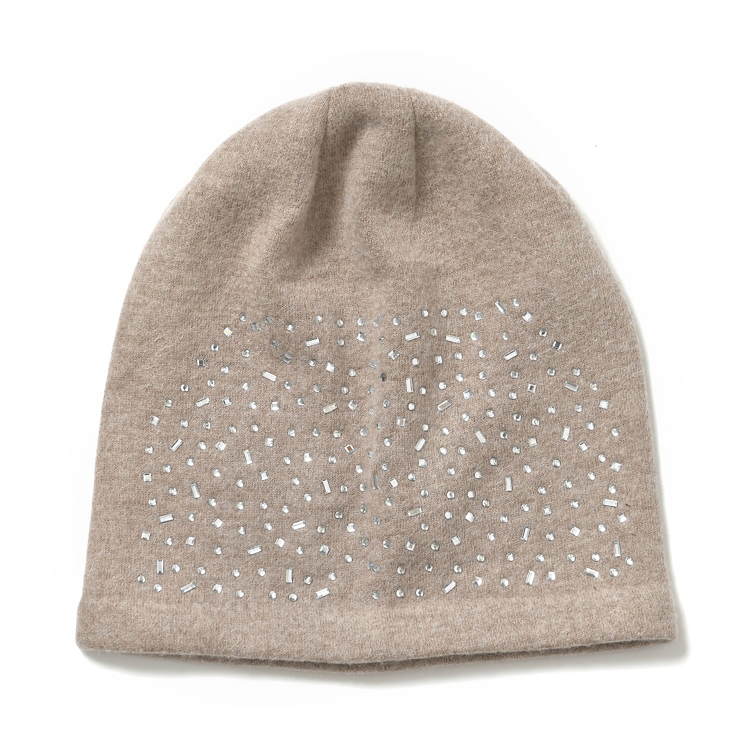 Premium Cashmere Wool Crystal Embellished Hat and Gloves - Beige