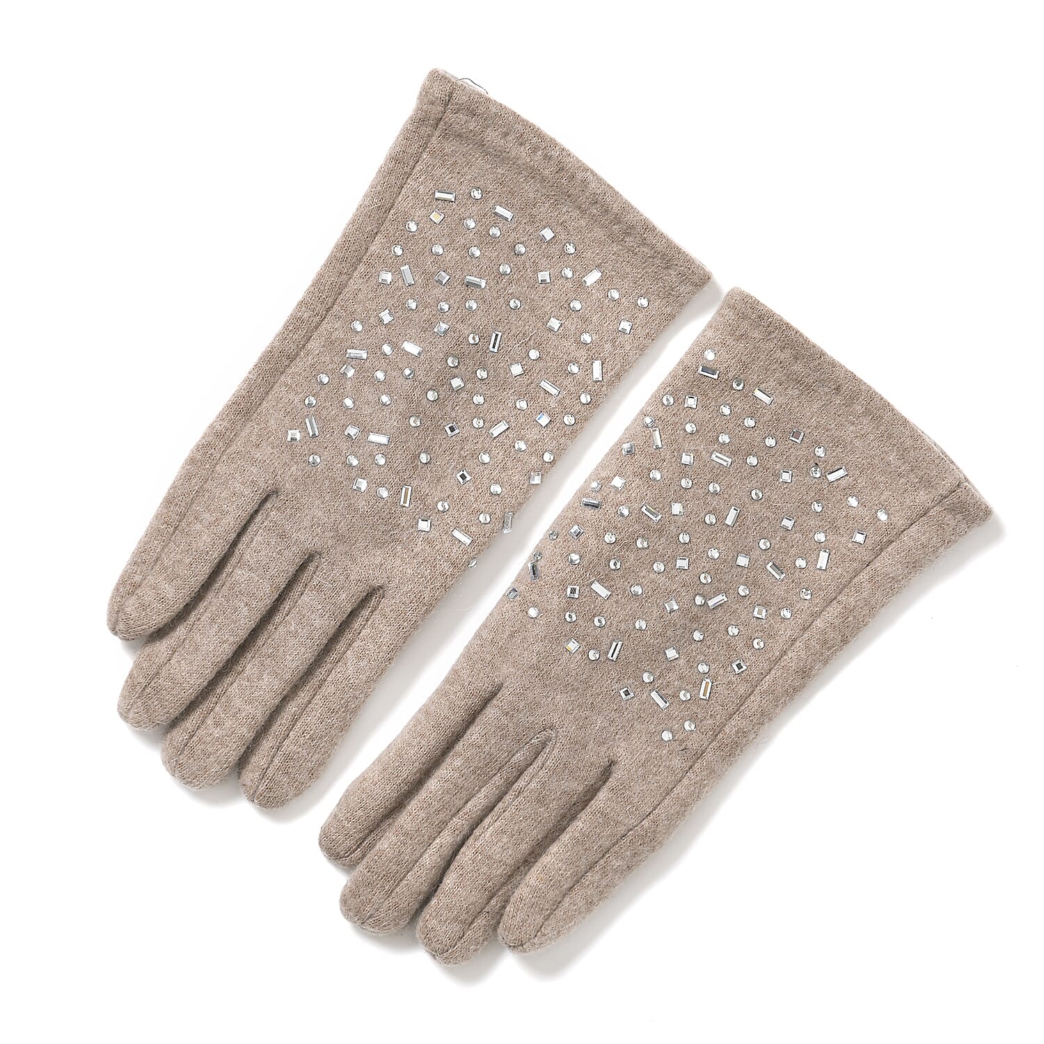 Premium Cashmere Wool Crystal Embellished Hat and Gloves - Beige
