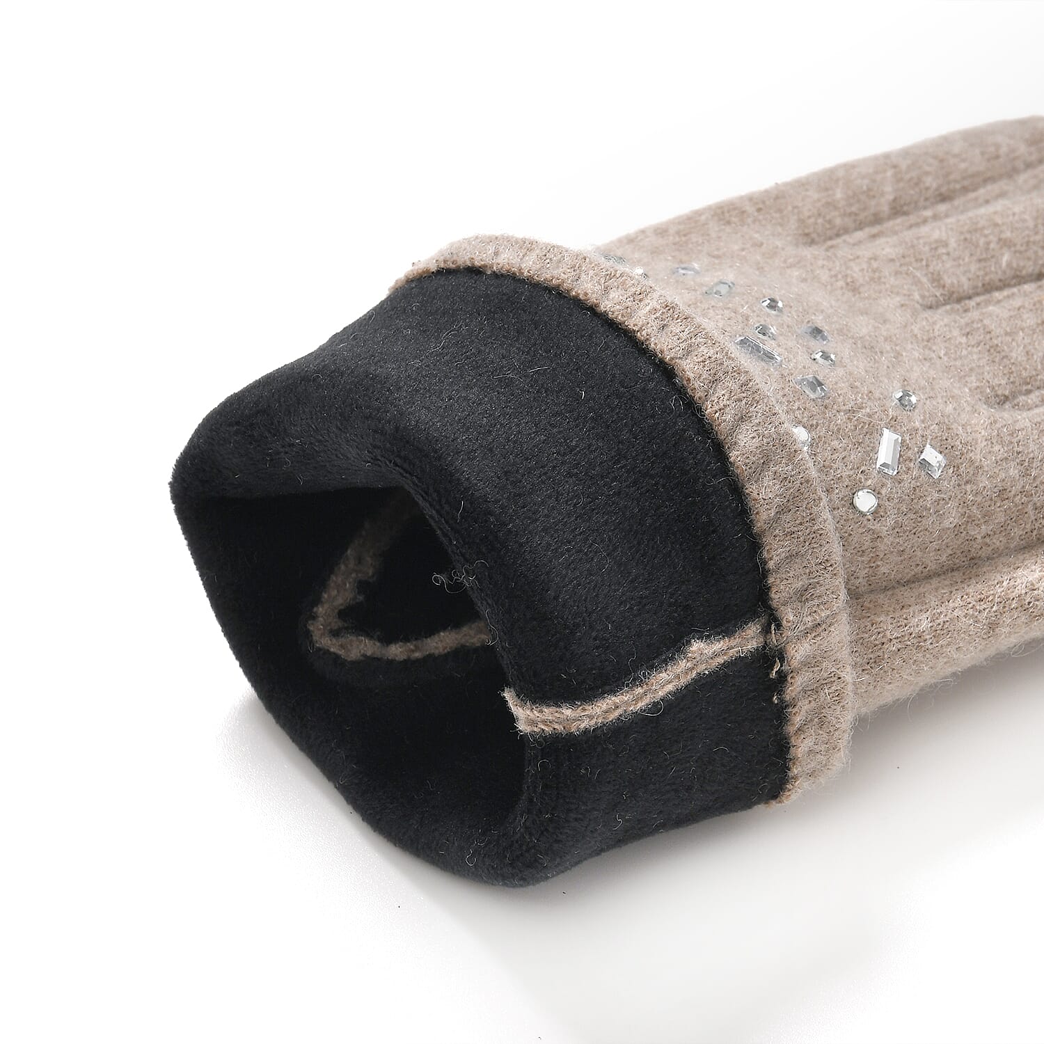 Premium Cashmere Wool Crystal Embellished Hat and Gloves - Beige