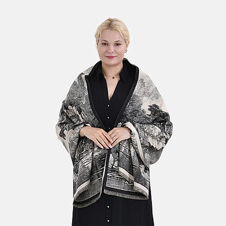 Closeout Deal 100% Viscose Printed Shawl (Size 200x70 cm) - Beige - Black
