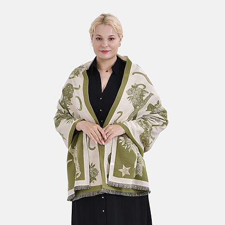 Closeout Deal 100% Viscose Cat Printed Shawl (Size 185x65 cm) - Green - Beige