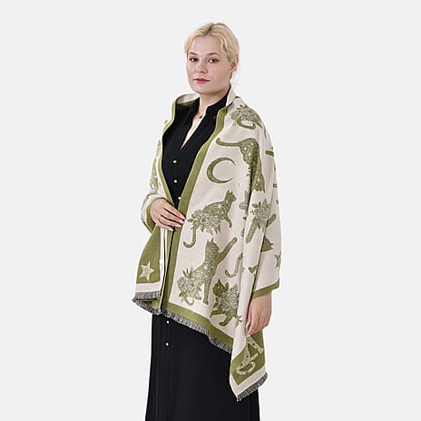 Closeout Deal 100% Viscose Cat Printed Shawl (Size 185x65 cm) - Green - Beige