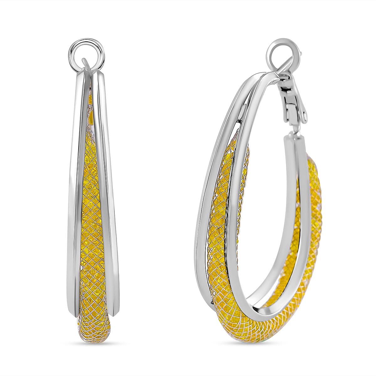 NY Closeout Deal- Star Light Crochet Austrian Yellow Crystal Hoop Earrings in White Tone