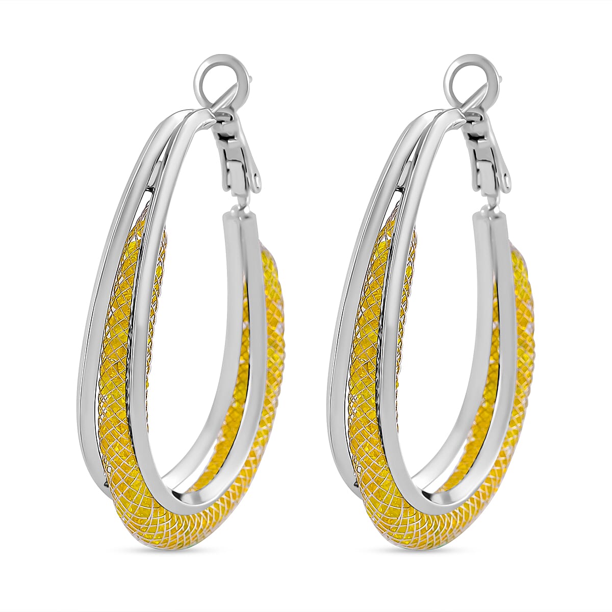NY Closeout Deal- Star Light Crochet Austrian Yellow Crystal Hoop Earrings in White Tone
