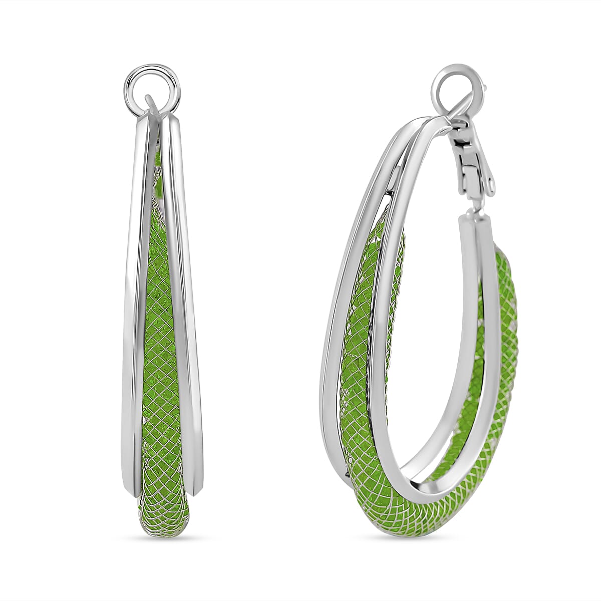 NY Closeout Deal- Star Light Crochet Austrian Green Crystal Hoop Earrings in White Tone