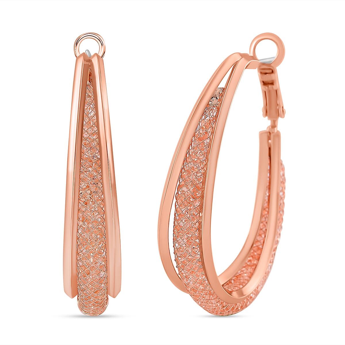 NY Closeout Deal- Star Light Crochet Austrian Pink Crystal Hoop Earrings in Rose Gold