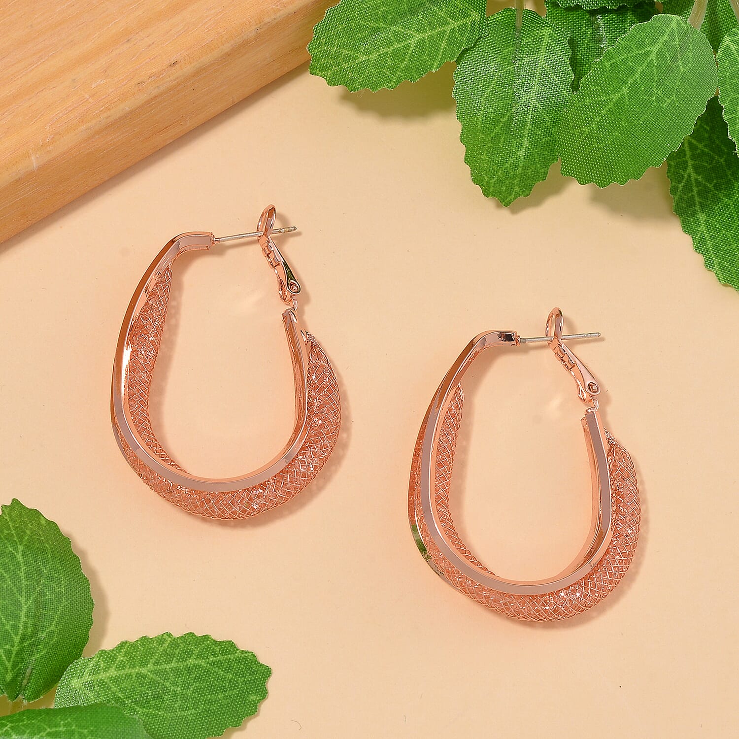 NY Closeout Deal- Star Light Crochet Austrian Pink Crystal Hoop Earrings in Rose Gold