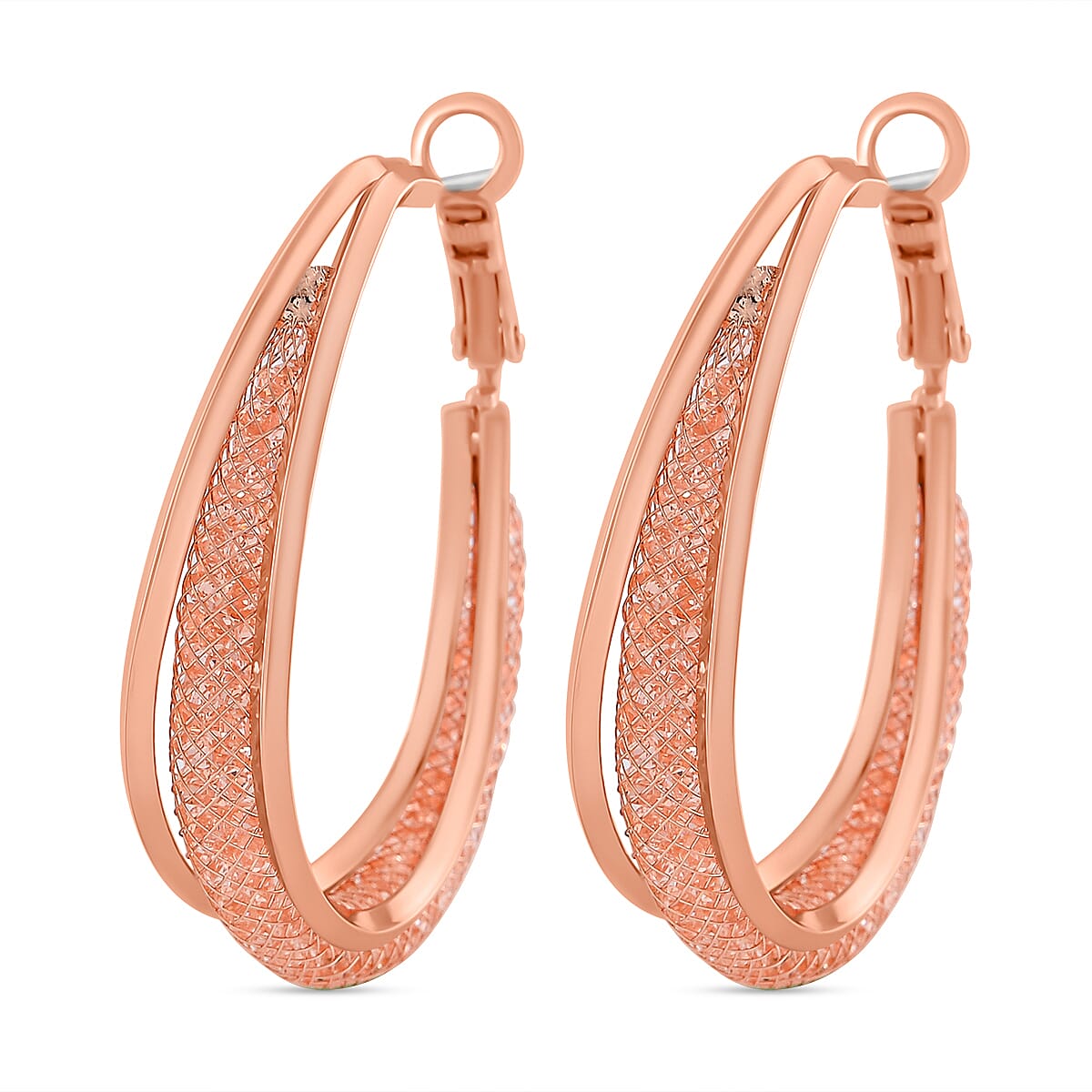 NY Closeout Deal- Star Light Crochet Austrian Pink Crystal Hoop Earrings in Rose Gold