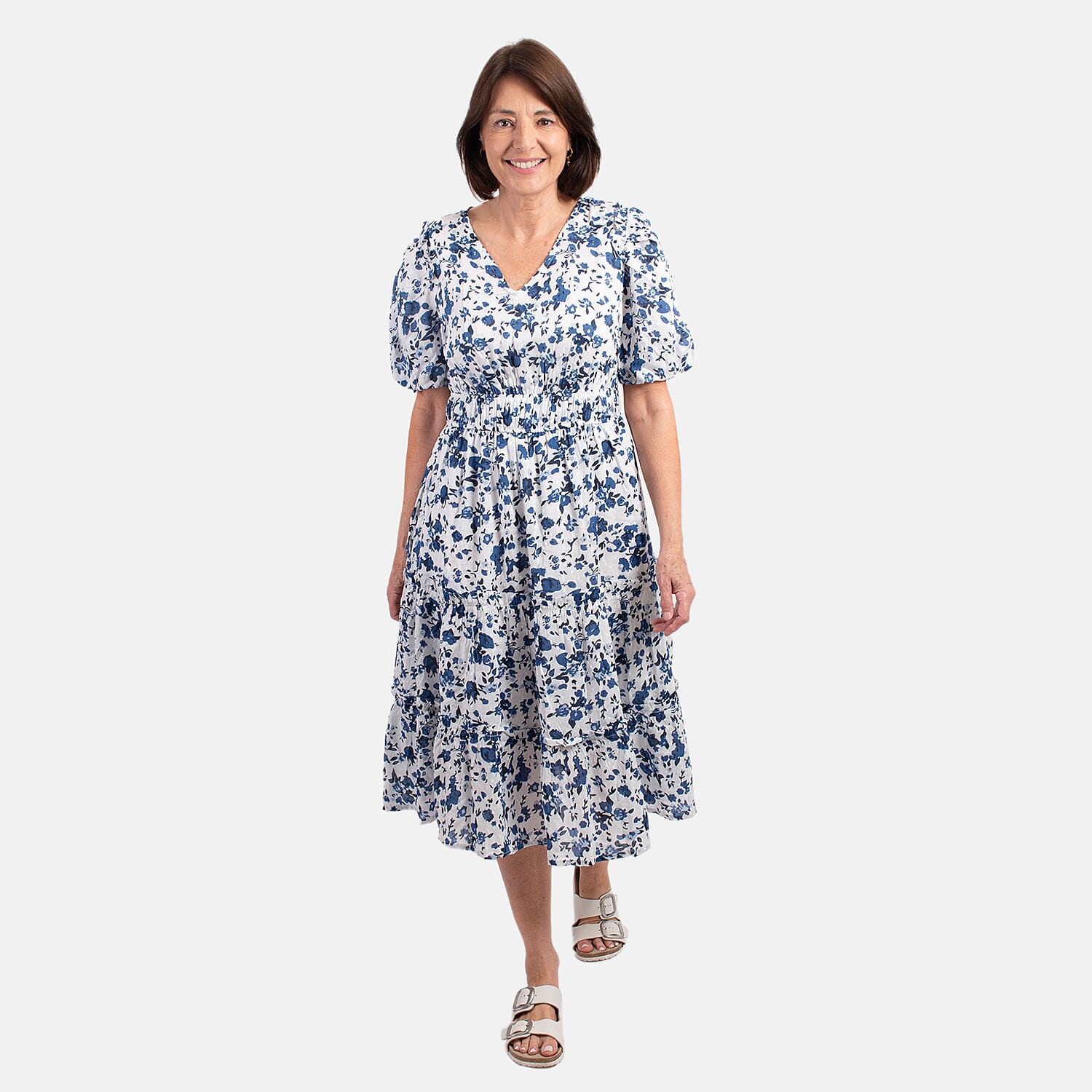 MITZY 100% Viscose Floral Dobby Spot Dress (Size 12) - Blue