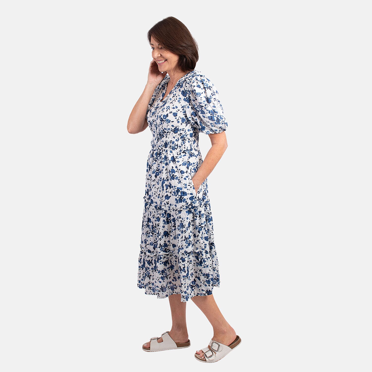 MITZY 100% Viscose Floral Dobby Spot Dress (Size 12) - Blue