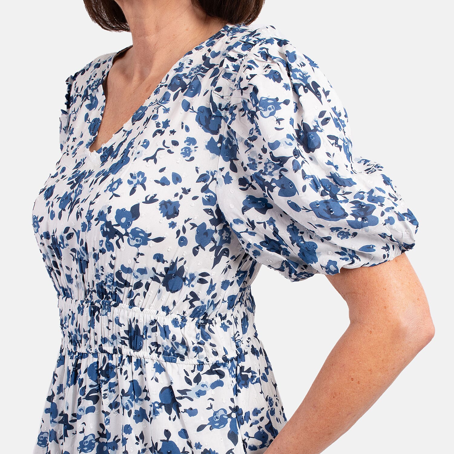 MITZY 100% Viscose Floral Dobby Spot Dress (Size 12) - Blue